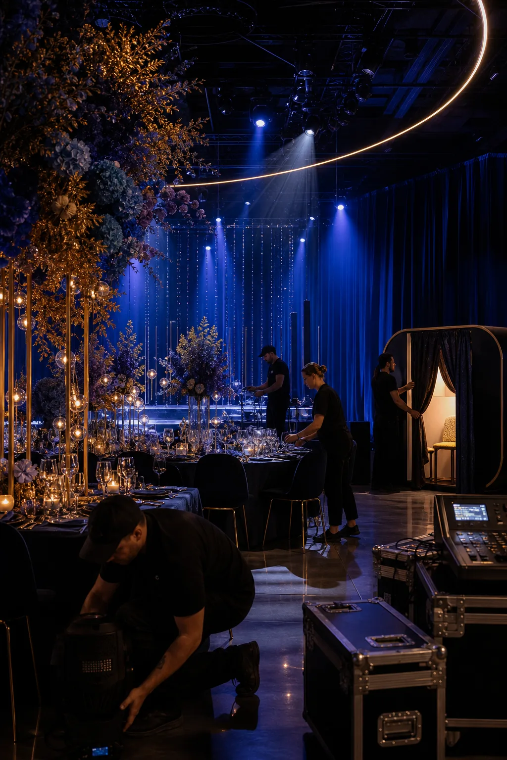 Equipa a preparar luz, cenário e produção de um evento